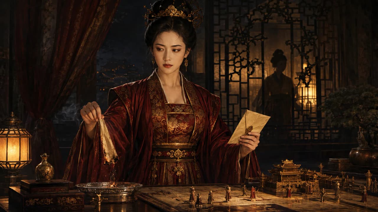 Hoàng hậu trong cung điện hư cấu cầm mảnh lụa cháy và phong thư bên khay bạc, phía sau là ánh đèn qua bình phong.